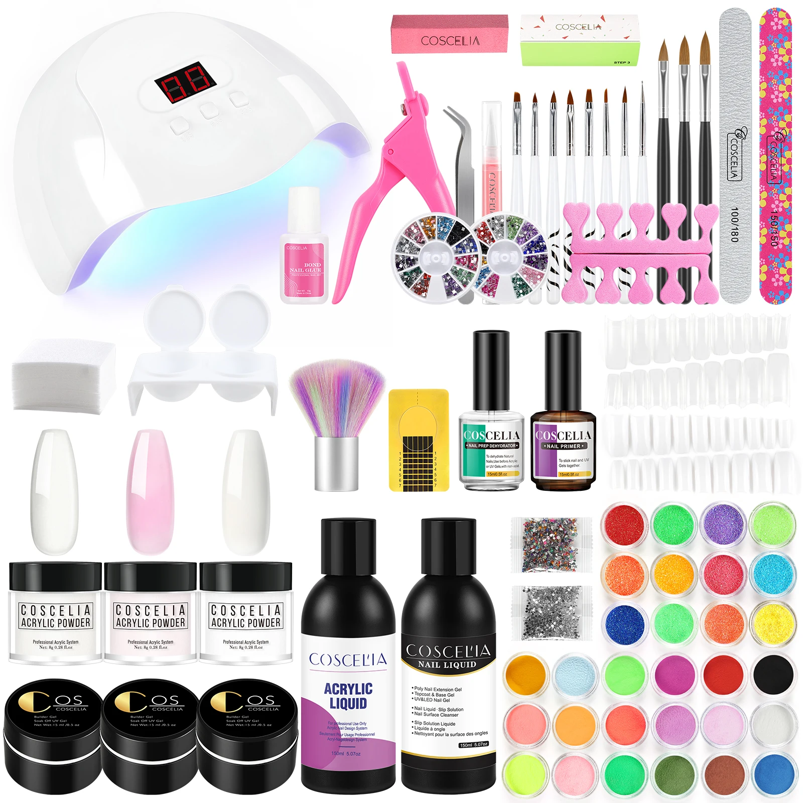 

COSCELIA Acrylic Nail Powder UV Gel Set Nail Tips All For Manicure Tools Brush Nails Kit Professional Set For Nails With Lamp