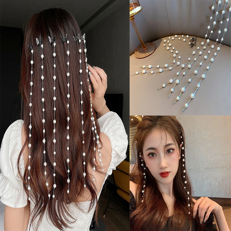 

2pcs Korean Hairpins for Women Long Tassel Hair Accessories Pearl Braided Hair Chain Artifact Head Jewelry Wedding Banquet Jewel