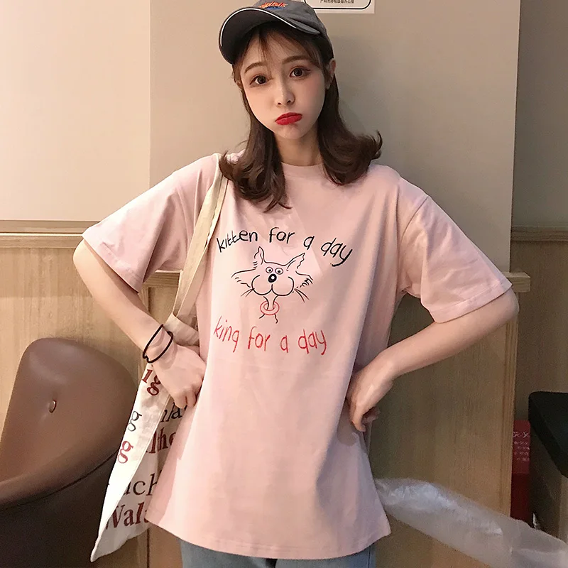 Женская свободная футболка из хлопка летние топы для студентов Корейская