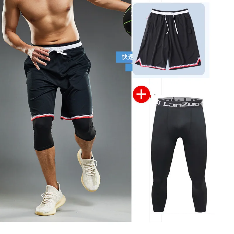 

Men Basketball Sets Sport Gym QUICK-DRY Workout Board Shorts With Tights For Male Soccer Exercise Hiking Running Fitness Set