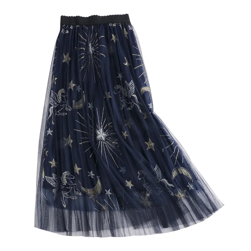 Летняя Новинка тонкая сетчатая Юбка со звездами и вышивкой по всему миру с