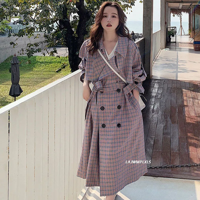 

2021 корейский стиль, Женский Тренч, клетчатое длинное двубортное свободное Женское пальто с поясом, верхняя одежда с поясом
