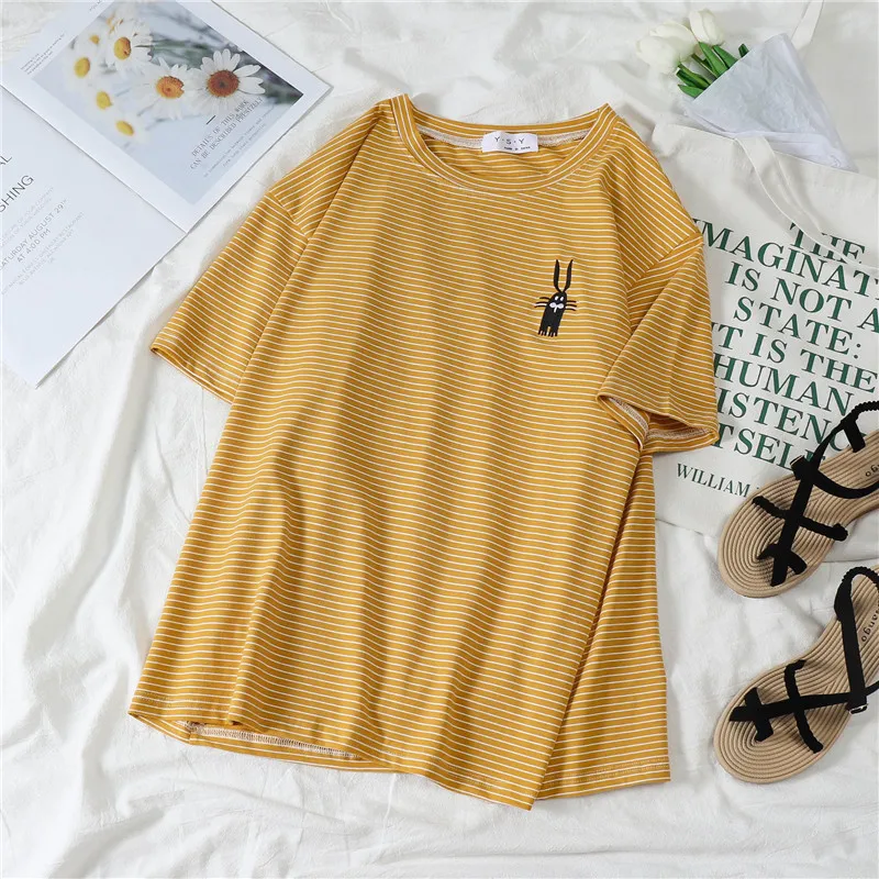 

T-shirts Women Trendy Striped Loose Casual Korean Style O-Neck Womens Clothing Short Sleeve Summer All-match Daily Simple Chic