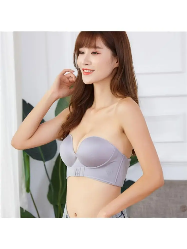 Women Strapless Front Buckle Bra Invisible Wirefree Anti-Slip Push Up Underwear X3UE
