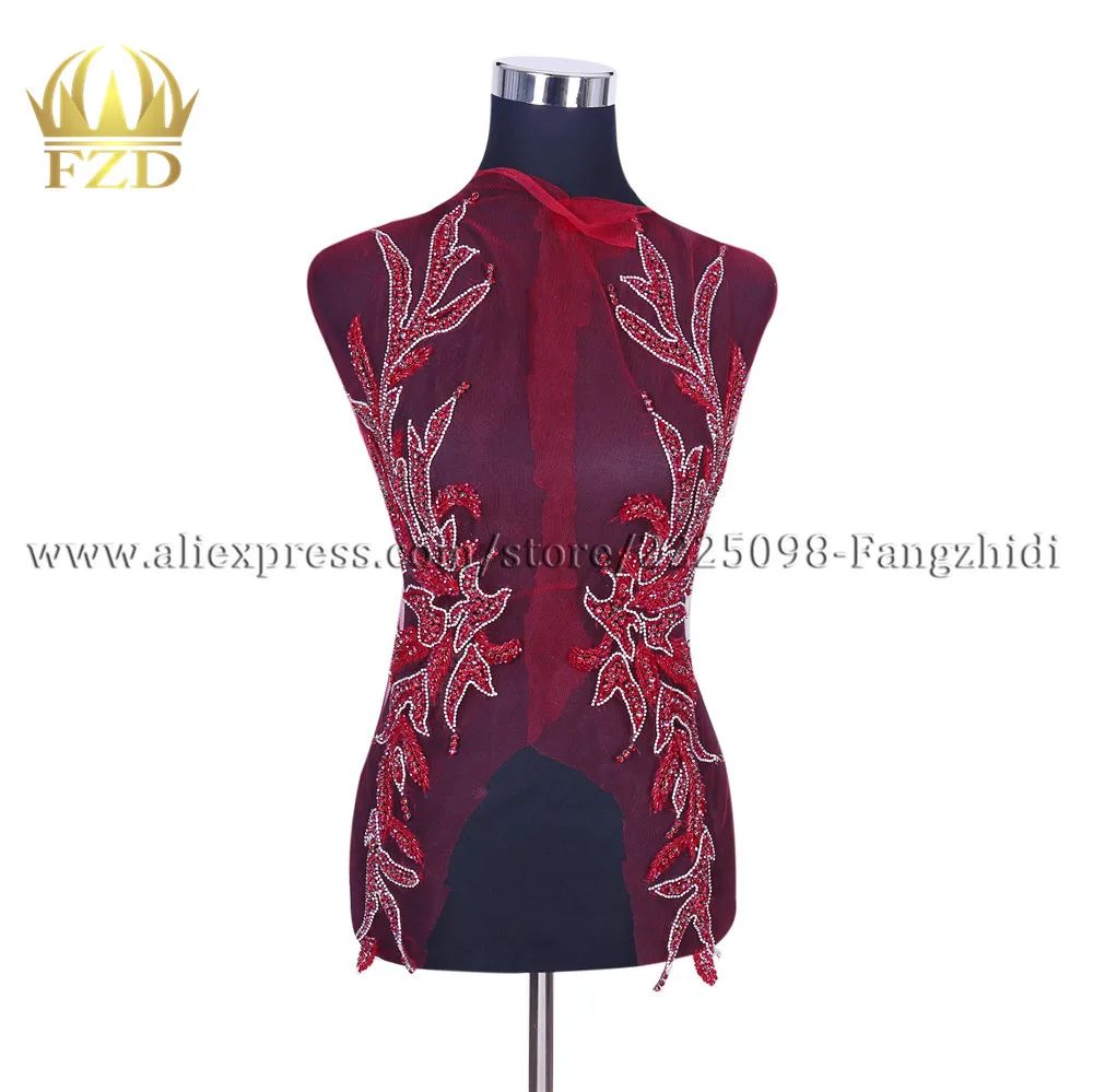 FZD 1 Pair Handmade Red Beaded Applique Silver Rhinestone Patches for Wedding Party Gown Dress DIY Bridal With Gauze | Дом и сад