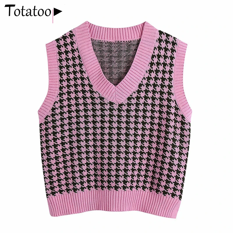 

Totatoop Vintage Houndstooth Oversize Knitted Vest Women Autumn Winter Pullover Sweater Tank Top 2021 V Neck Sleeveless Jumper