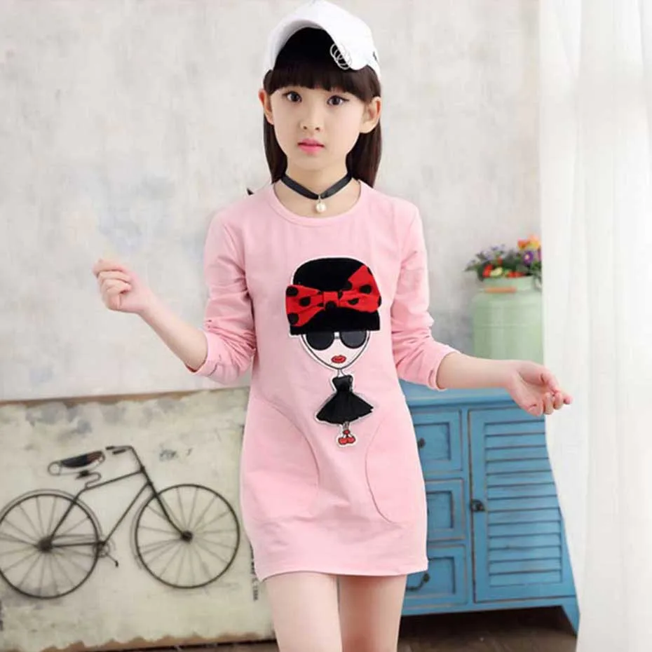 Kids Dresses For Girls Cartoon Patch Dress Dot Bow Party Girl Spring Autumn Cute Clothes 6 8 10 12 14 Year | Детская одежда и