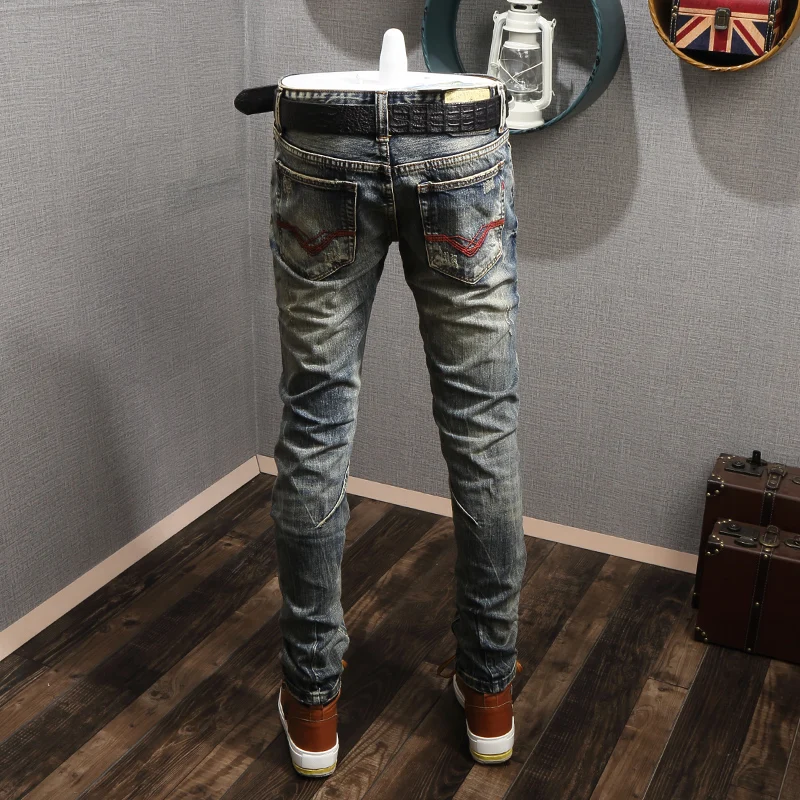 Italian Style Fashion Men Jeans Retro Yellow Blue Distressed Slim Fit Ripped Jeans Men Vintage Designer Hip Hop Denim Punk Pants