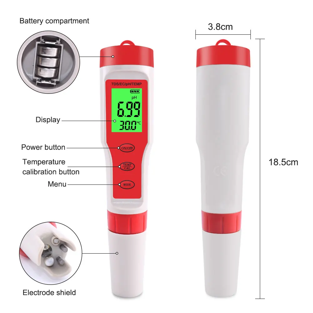 

New Precision TDS PH Meter PH/TDS/EC/Temperature Meter Digital Water Quality Monitor Tester For Pools, Drinking Water, Aquariums