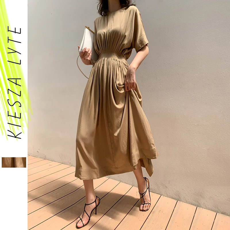 Женское длинное шелковое платье повседневное цвета хаки с коротким рукавом и