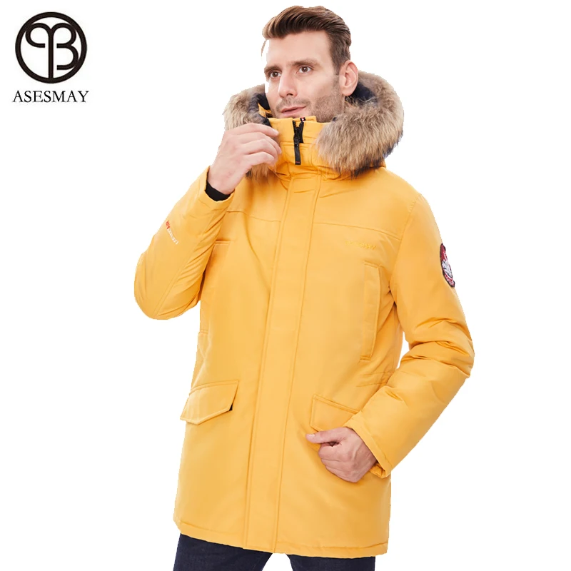 Asesmay Мужская Зимняя Куртка парка с капюшоном из меха енота пальто толстое теплое