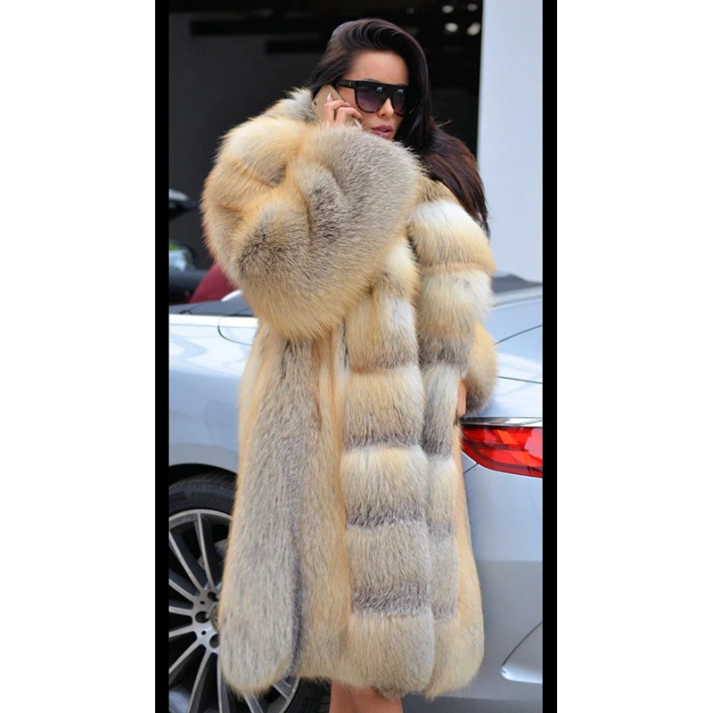 FURSARCAR Luxurious Big Collar Real Natrual Golden Fox Fur Jacket With Hood Plus Size Long Women Winter Fur Coat