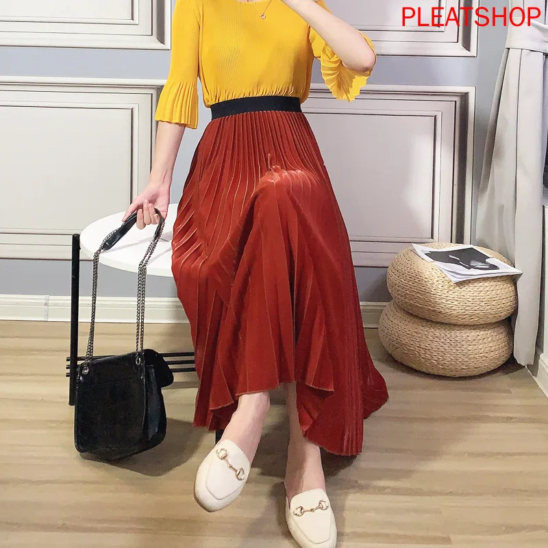 

Thick Type Large Size Pleated Skirt Mid-Length Autumn and Winter New Bronze Striped Skirts High-End Women's Upe Faldas Falda