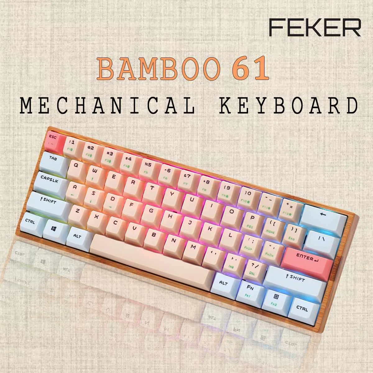 

Клавиатура беспроводная Механическая FEKER, 61 клавиша, bluetooth 5,0, Type-C, бамбук 60%