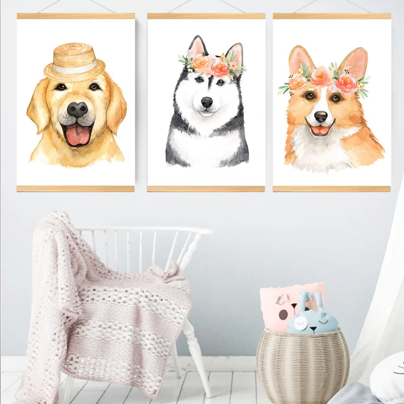 Цветочная корона плакат с принтом хаски и собак деревянной рамкой акварельные
