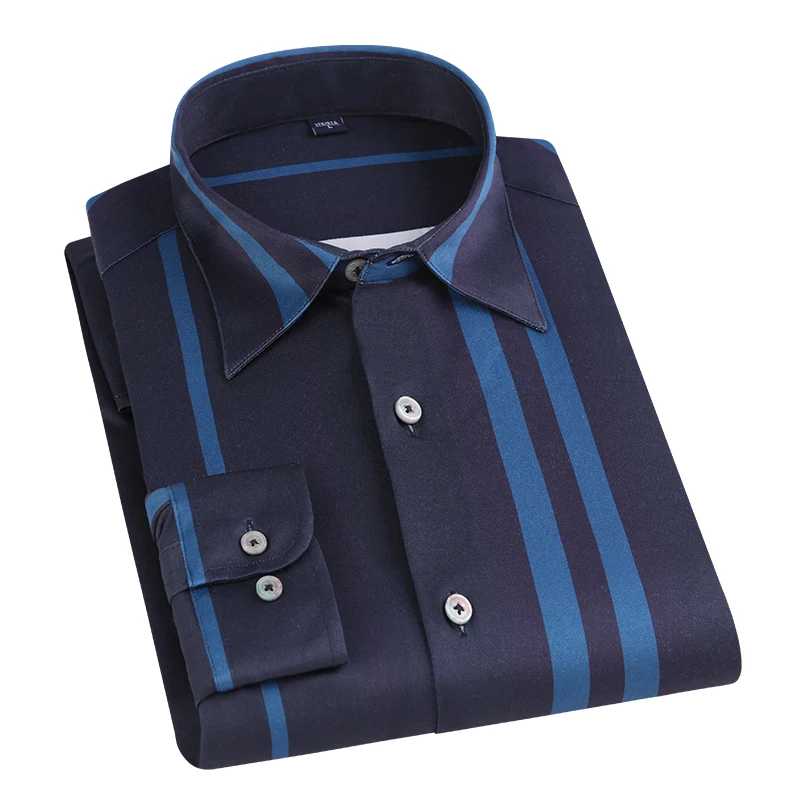 Summer Man Shirt Long Sleeve Striped No Ironing Werstern Fashion Slim Fit Button Up Casual Anti Wrinkle Blouse