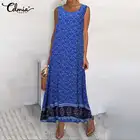 Богемное женское пляжное платье Celmia, лето 2021, праздничное платье макси без рукавов, повседневное длинное платье, Женский винтажный сарафан с цветочным принтом