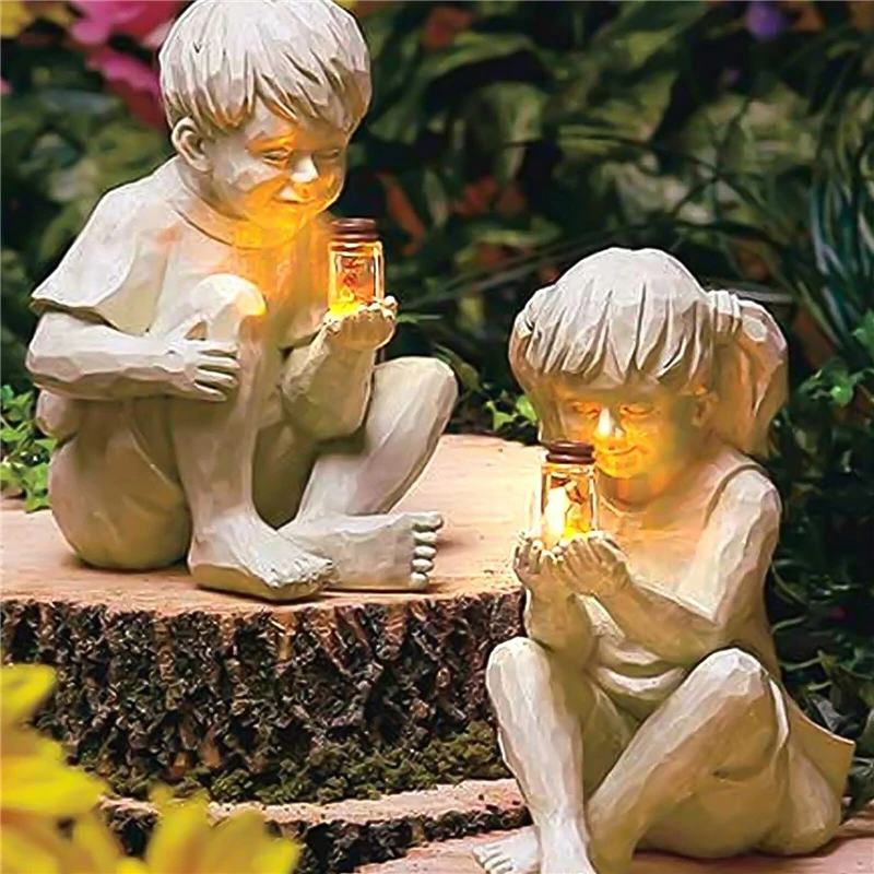 

Children Statue Garden Ornament Decorative Solar Lighted Resin Craft Boy Girl Sculpture Landscaping Lawns Yard Pond Garden Decor