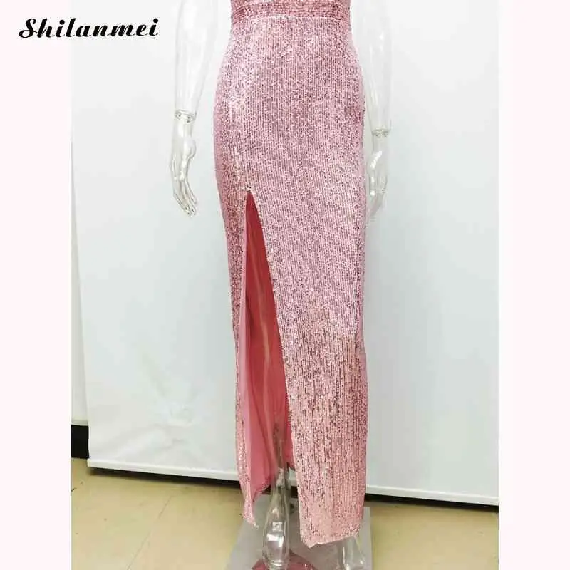 

Strapless Sequin Dress Pink Side Slit Evening Party Women Dress Sleeveless Backless Shining Long Dresses Women Slim Robe Vestido