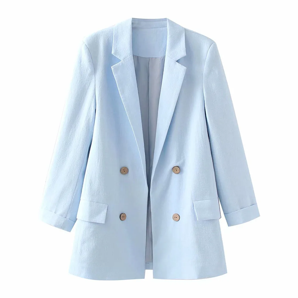 

Новинка весна-осень 2021 Женская одежда в Корейском стиле повседневный жакет с отложным воротником и длинным рукавом синий свободный костюм ...