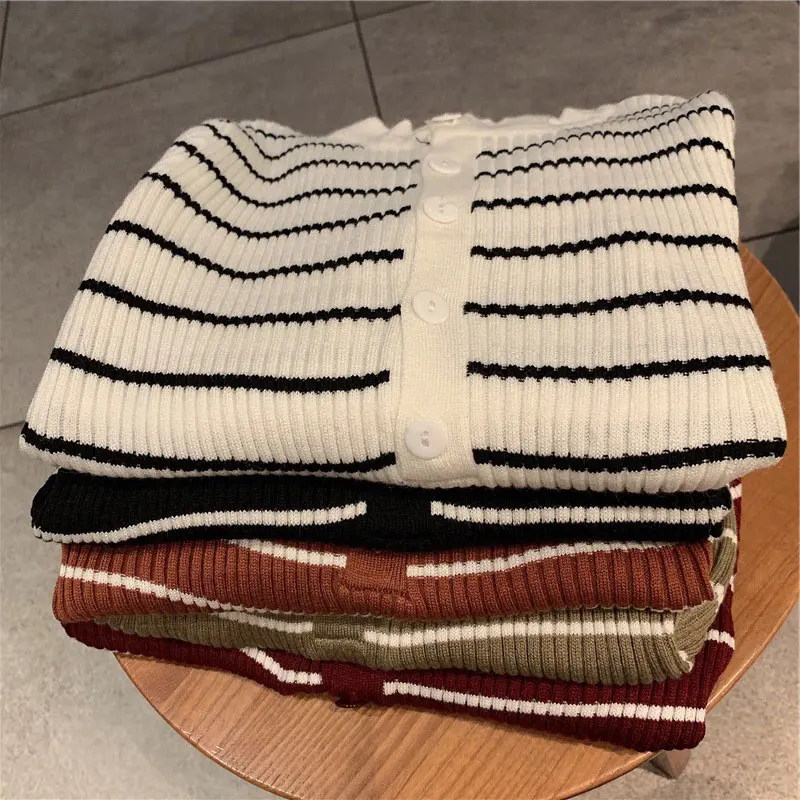 

Autumn Stripes Thin Knitted Women's Sweaters Button Long Sleeve O-Neck Slim Female Pullover New Streetwear Casual Lady Sweater