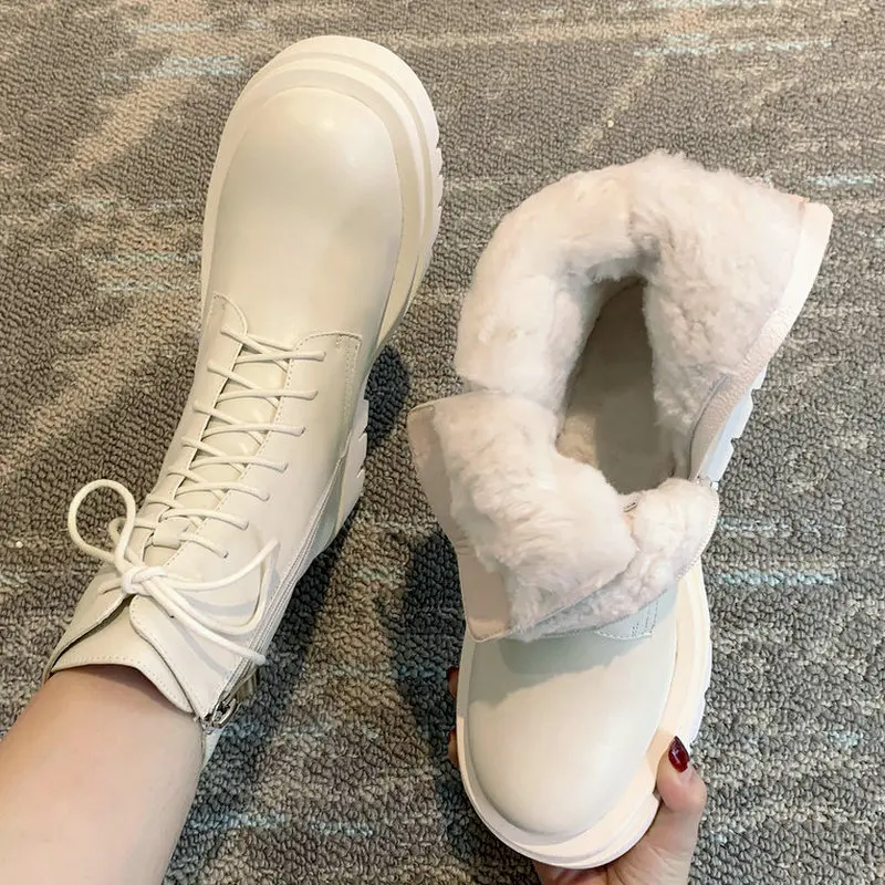 

Plus size 34-42 Genuine leather snow boots women lace up nature wool warm winter boots female lace up fashion ankle boots