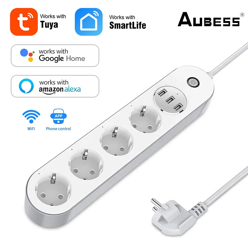 

Aubess Tuya Smart Life APP WiFi Smart Power Strip Surge Protector With 4 Smart Plugs 3 USB Ports Extension Cord For Alexa