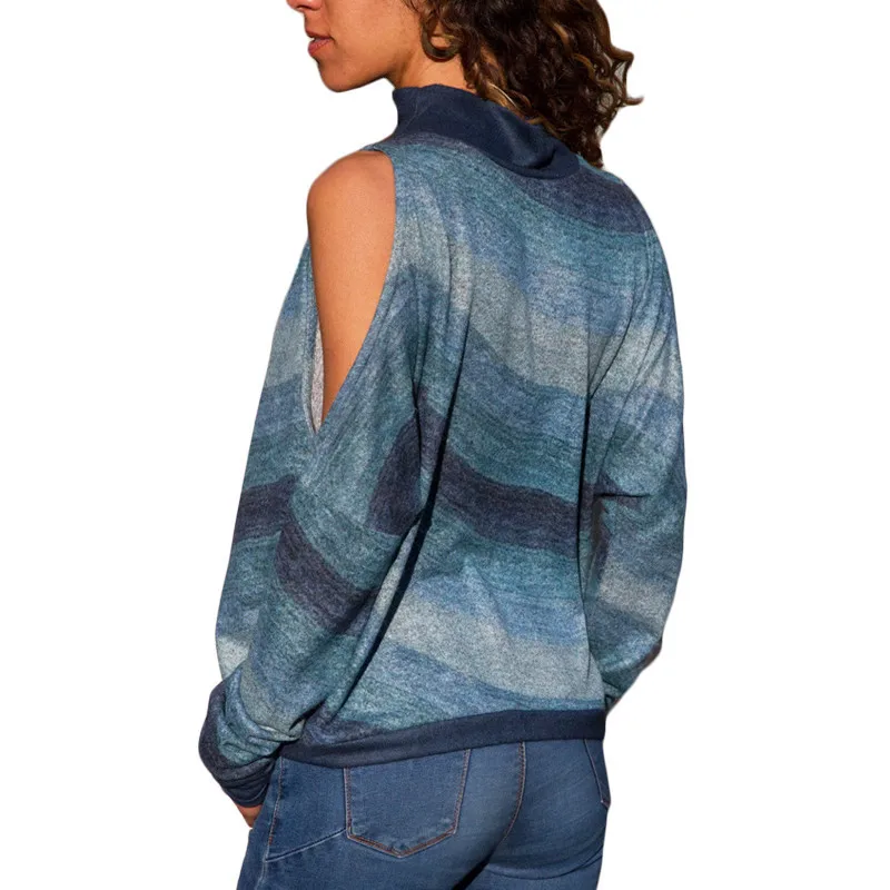 

Women T-shirts Sexy Off Shoulder Tops Blusas Camisas Mujer Casual Turtleneck Knitted Orange Print Striped Long Sleeve Shirt 2XL