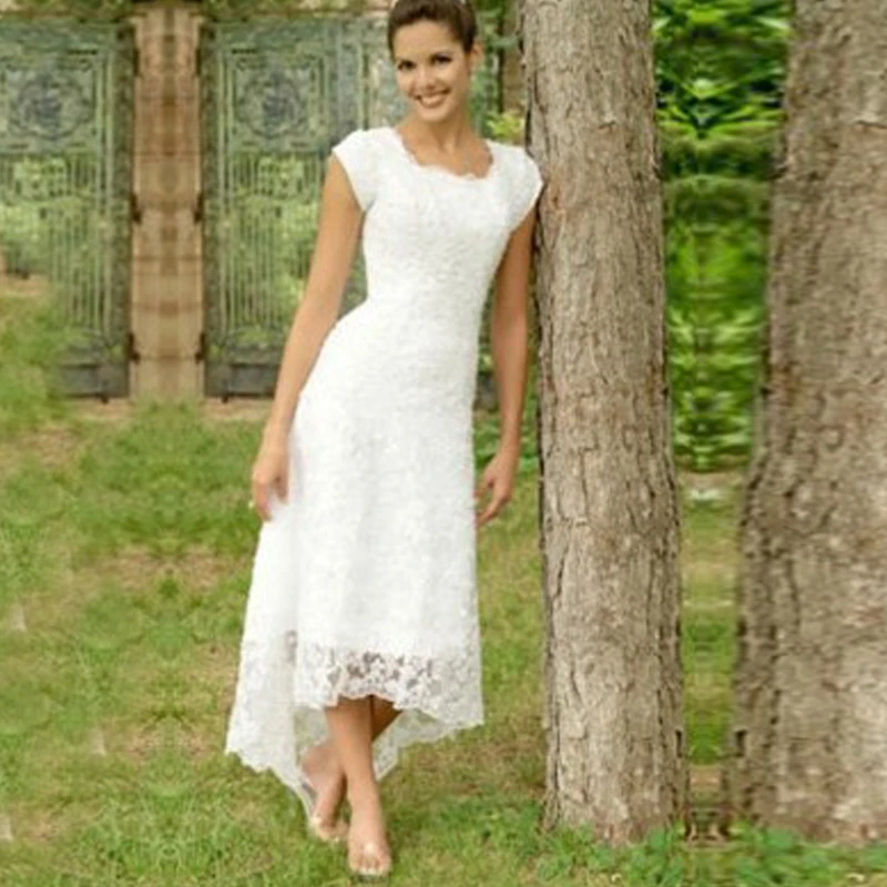 Кружевные свадебные платья до щиколотки с рукавом крылышком ТРАПЕЦИЕВИДНОЕ