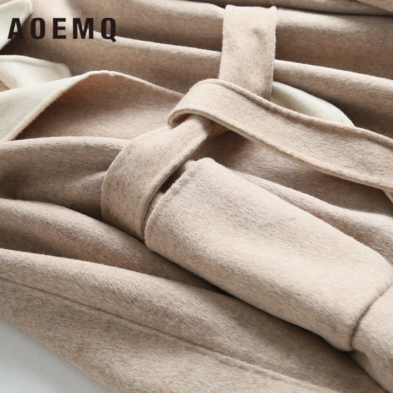 AOEMQ зимние теплые пальто дышащие бежевые однотонные на шнуровке с регулируемой