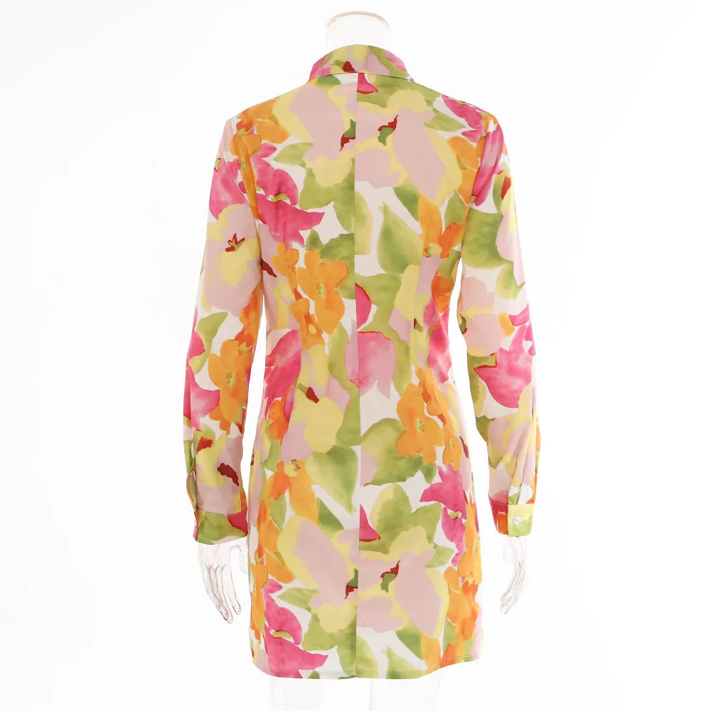 

2021 spring and summer new long-sleeved mid-waist printed cardigan yellow short skirt temperament commuter dress