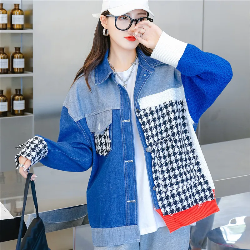 

Vintage Houndstooth Weave Tweed Patchwork Color Contrast Knit Long Sleeve Denim Jacket Women Autumn Loose Casual Mujer Chaqueta