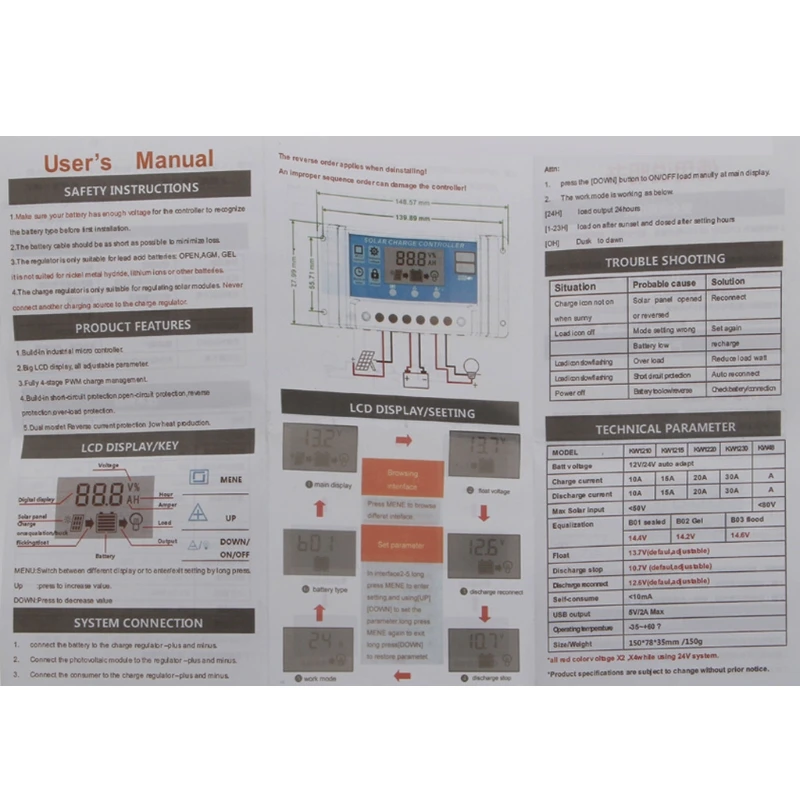 PWM 10/20/30A Dual USB Панели солнечные Батарея регулятор заряда аккумулятора 12/24V