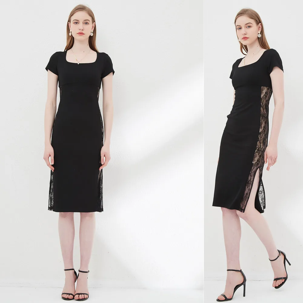 

2021 Simple Fashion Side Lace Black Slim Prom Dresses Short Sleeve Knee-Length Ladies Elegant Quinceanera Vestidos Daily Ritual