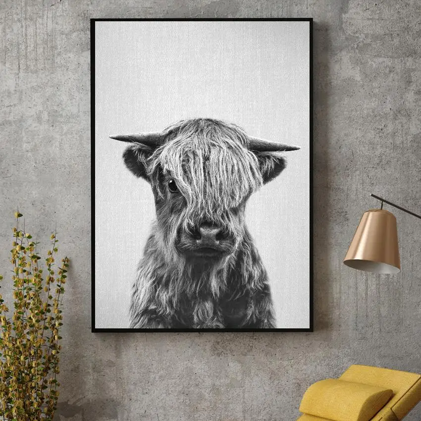 

Black White Highland Calf Canvas Painting Art Print Poster Picture Wall Modern Minimalist Bedroom Living Room Decoration
