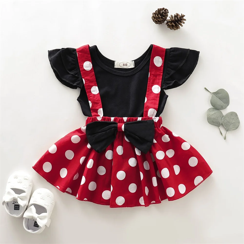 Conjunto de ropa para ni&ntilde;as peque&ntilde;as, camiseta sin mangas con volantes y lazo, falda con tirantes rojos, ropa de verano, 2 uds.-0