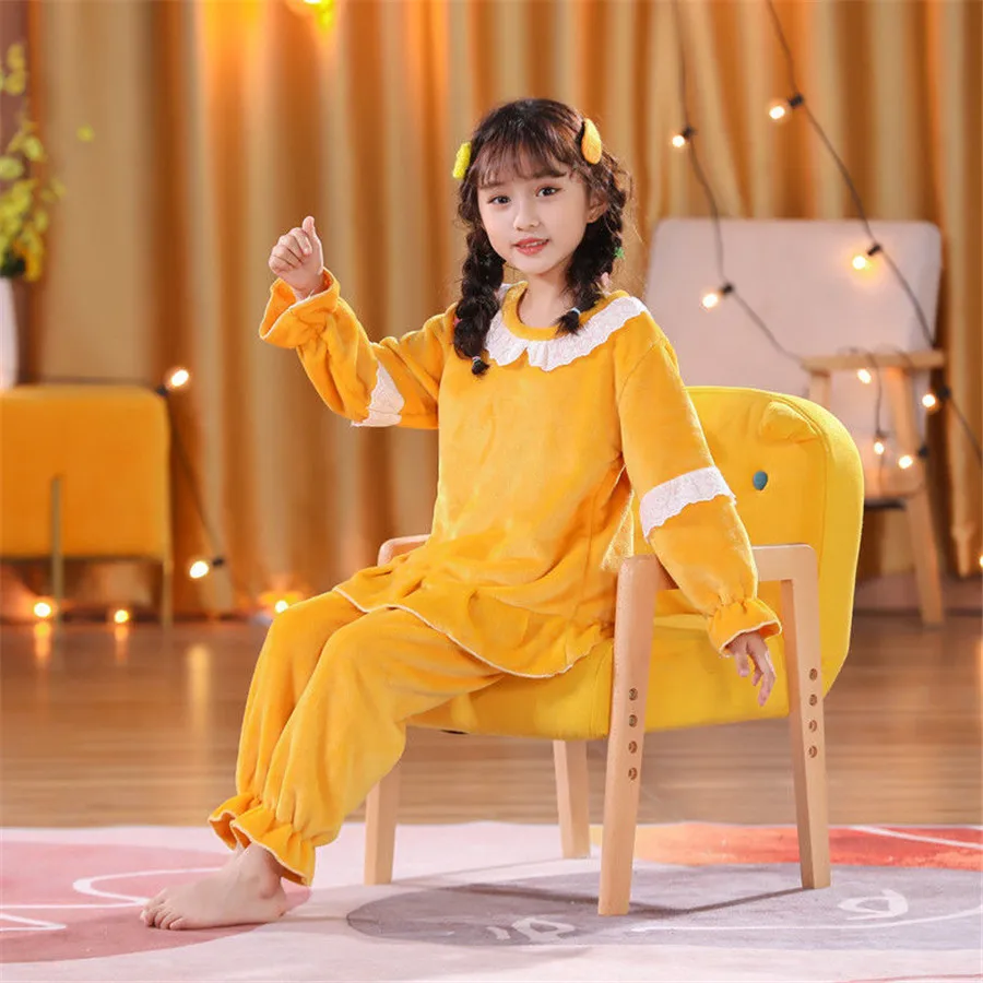 

New Flannel Kids Pajamas 2021 Autumn Winter Girl girls Sleepwear Set Baby Clothes solid color Fleece Children's Pyjamas