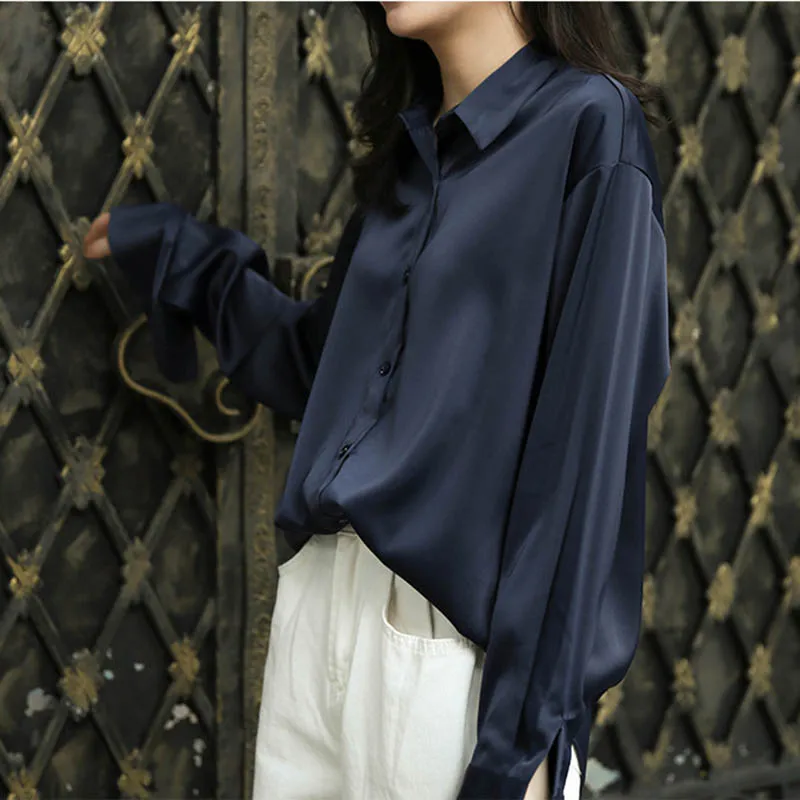 Satin shirt female 2019 early autumn new Korean version of the retro Hong Kong flavor |