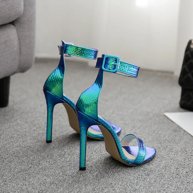 

Sexy one line silver blue color simple thin heel high heel sandals