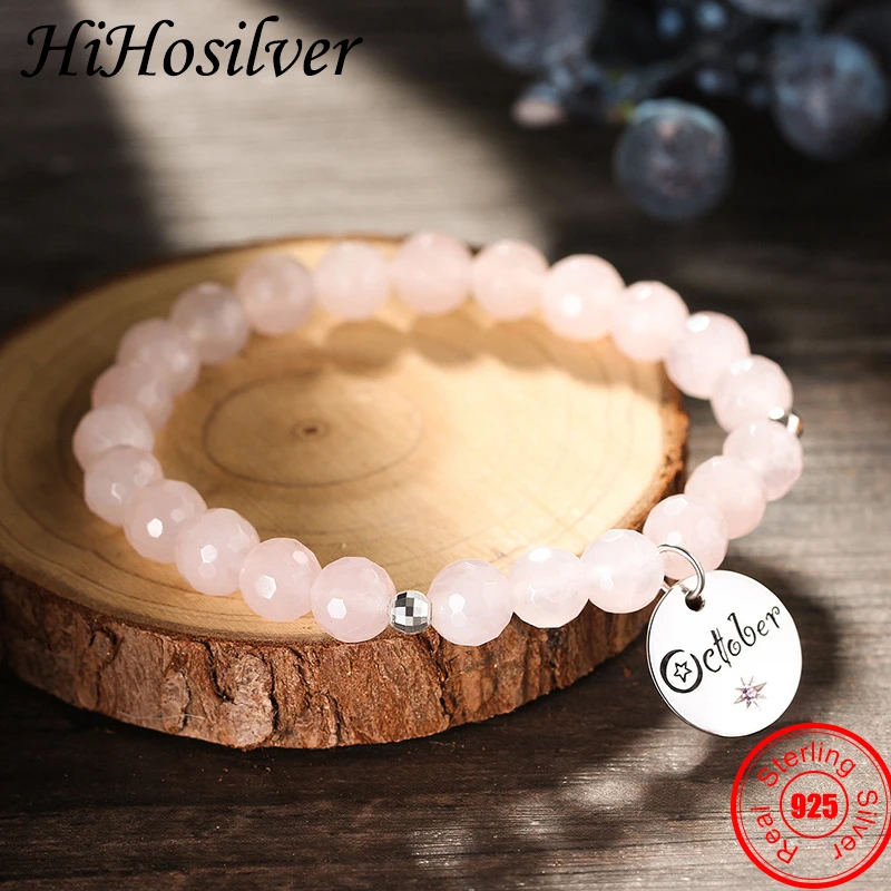 

HiHosilver 925 Sterling Silver October Card Zircon Star Charms Braclets Woman Pink Stone Beads Bangles Gift For Girl HH21088