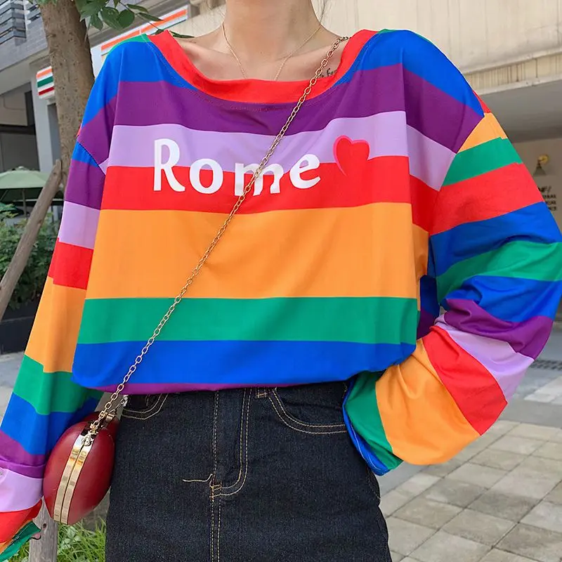 

T-Shirts Spring Autumn Women Rainbow Striped T-Shirt Oversize Loose Base Casual Long Sleeve Korean Style O-Neck Tees Tops