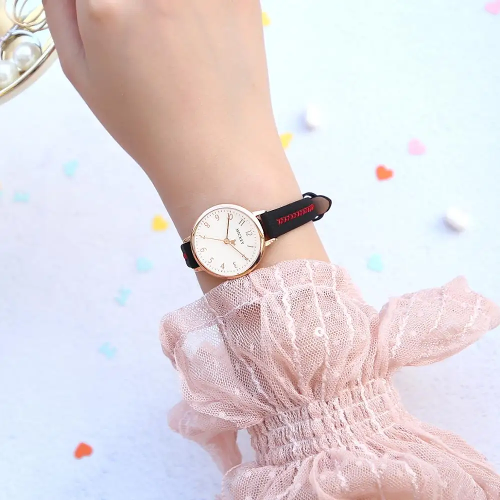 Pretty Girl Pink Leather Band Watch Ladies Fashion Trendy Wristwatch Women Quartz Clocks Teen Time Kids Gift Mickey Mouse Hour enlarge