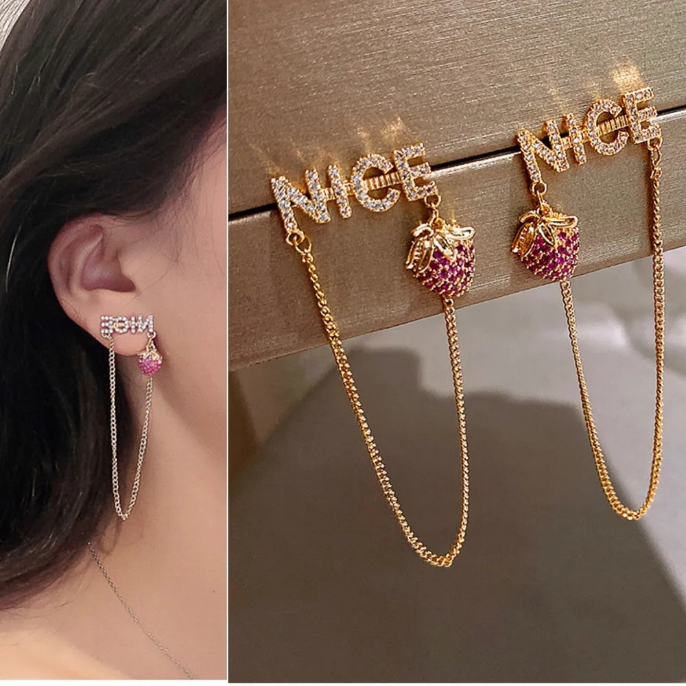 

Fashion Korea Rhinestone Long Tassel Letter NICE Strawberry Pendant Drop Earrings For Women Crystal Metal Chain Dangle Earrings