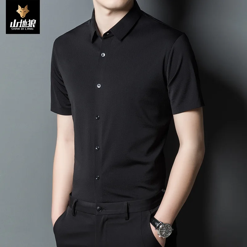 

Mountain Wolf men's summer new solid business Lapel short sleeve shirt men's fashion casual Lapel with shirt