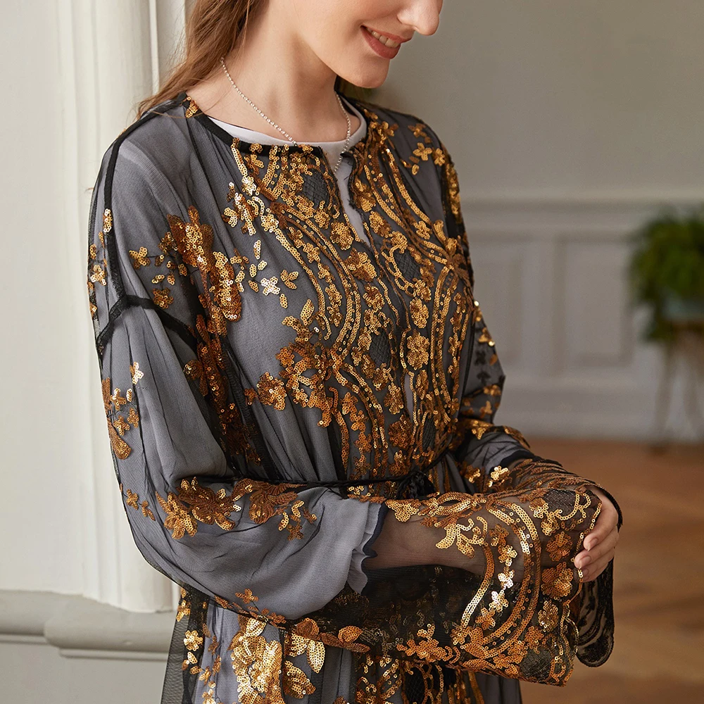 

Open Abaya Dubai Golden Mesh Sequnis Embroidery Kimono Muslim Abaya Eid Mubarak Moroccan Turkey Kaftan Islamic Clothing lace