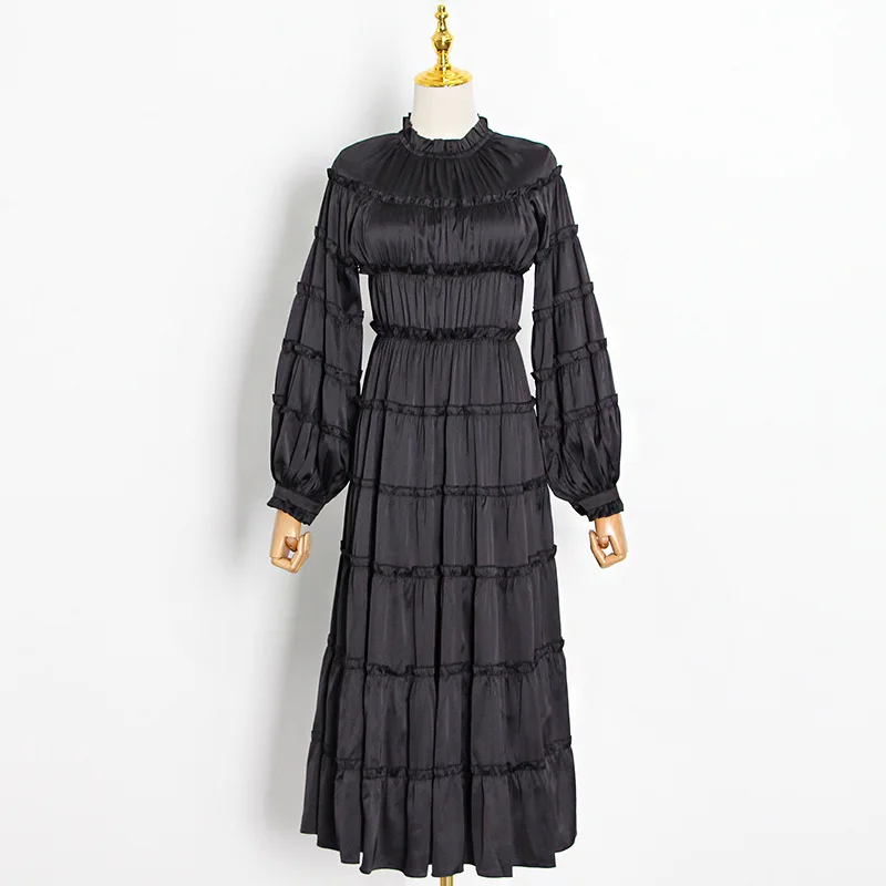 

White Plus Size Dress 2021 Autumn New Round Neck Puff Sleeve Lace Decorative Waist Hugging Slimming Dress Midi
