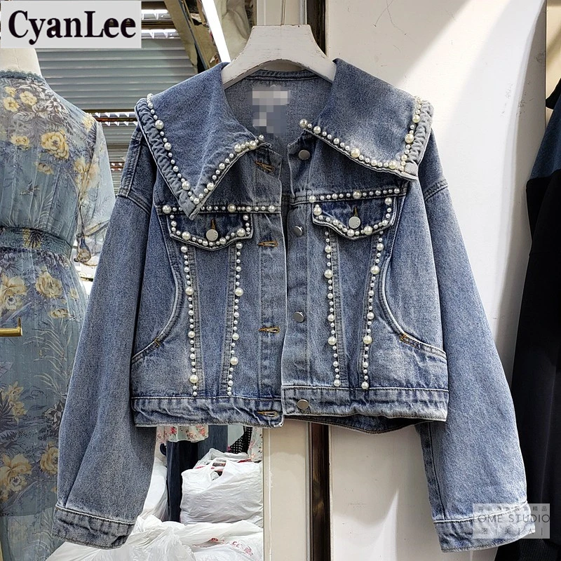 

Cyanlee Vintage Short Denim Jacket Female Beaded Pearl Loose Casual Jeans Bomber Jacket Women Spring Autumn Coat Mujer Chaqueta