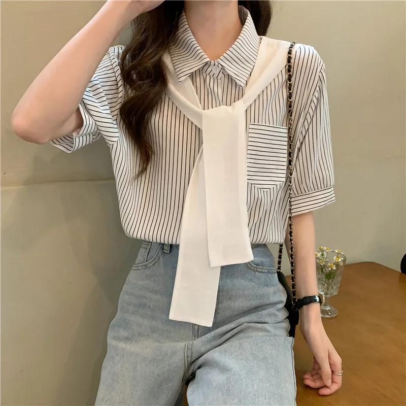

Новинка; Модные полосатые рубашки для женщин с коротким рукавом, топы, рубашка с отворотным воротником на пуговицах женские рубашки летняя ...