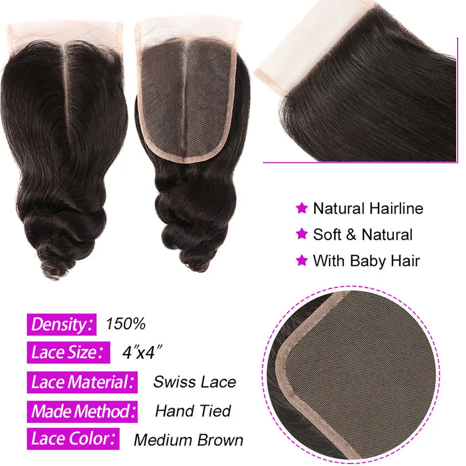 Shuangya Hair Indian Loose Wave Bundles With Closure Remy Hair Human Hair Bundles With Closure 3 Bundles With Closure