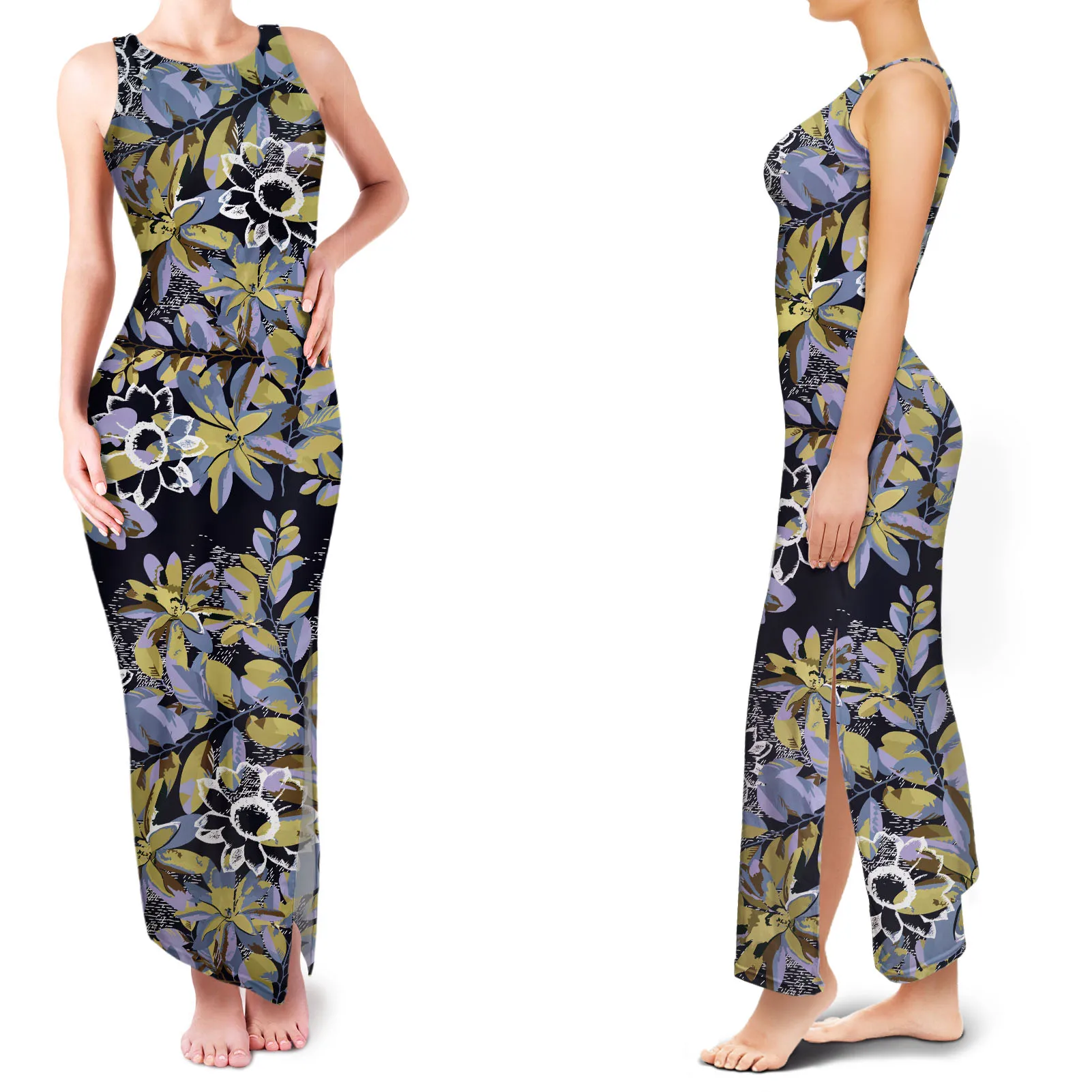 

Polynesian Tribal Pattern Design Casual Long Dress for Ladies Sleeveless Tank Maxi Dresses High Slit Sexy Female Girls Sundress